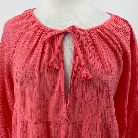 J Crew Cotton Gauze Mini Dress Keyhole V Neck Long Sleeve Coral Pink Womens M - Picture 3 of 9